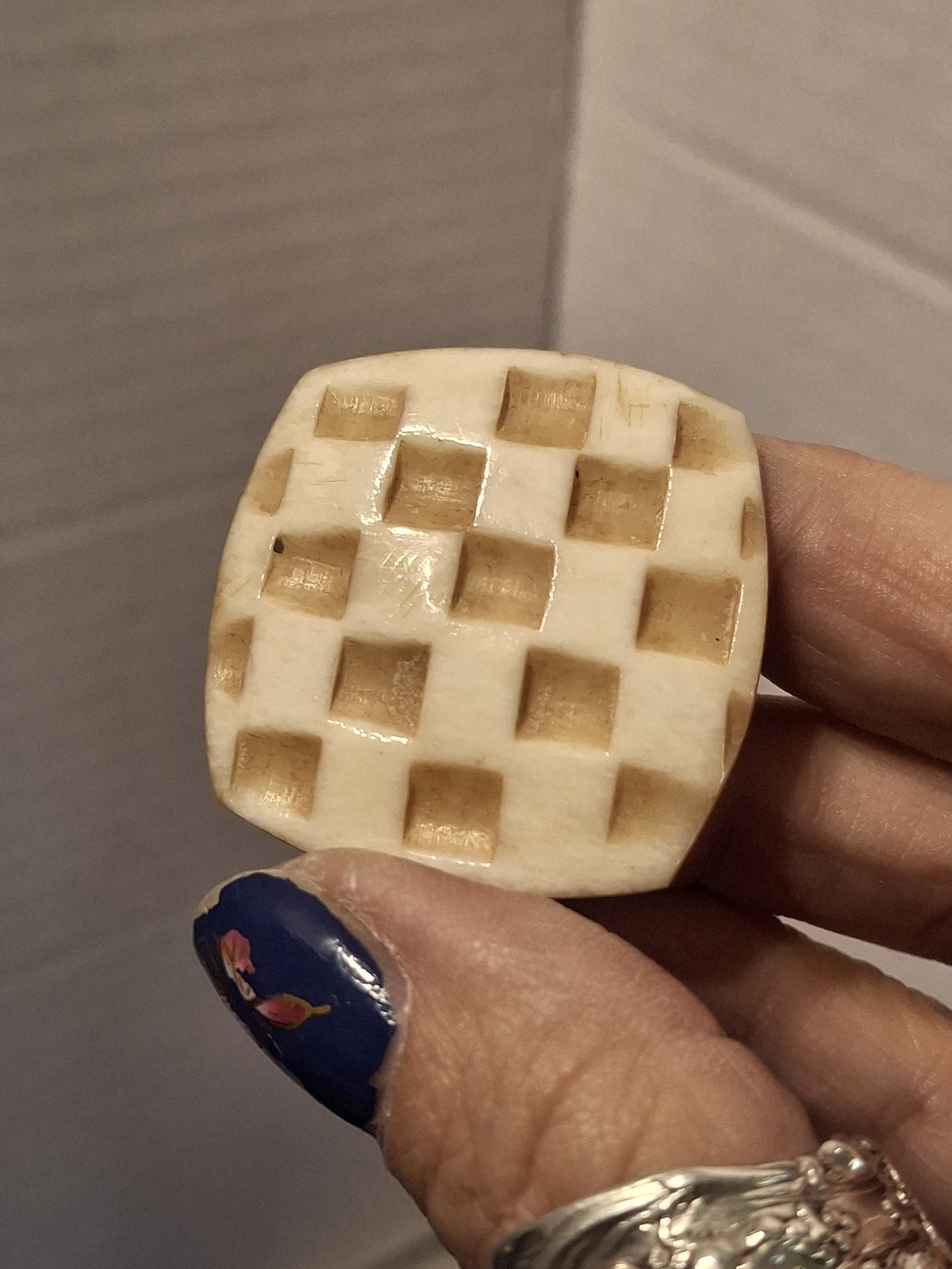 Avon Carved Bone Checkerboard Button Clip-on Earrings - Cream and Tan Vintage